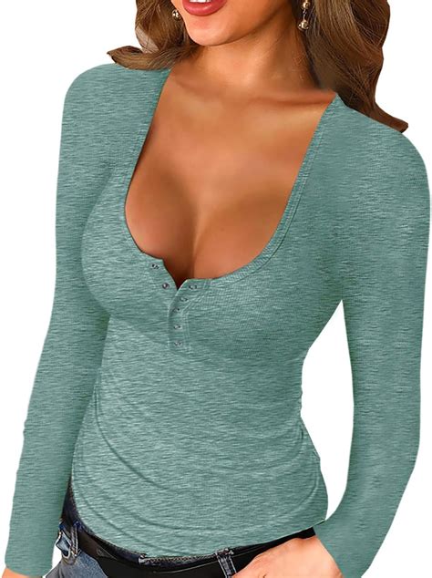Jodimitty Women S Sexy Low Cut Button Up V Neck Long Sleeve Stretchy Top Fitted Shirt T Shirt