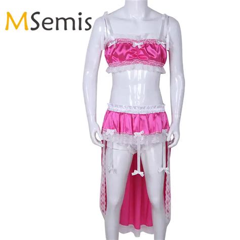 mens sissy lingerie sissy dress for men shiny soft satin high low crossdress lingerie dress with