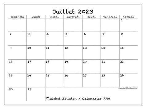 Calendrier Juillet 2023 à Imprimer “77ds” Michel Zbinden Be