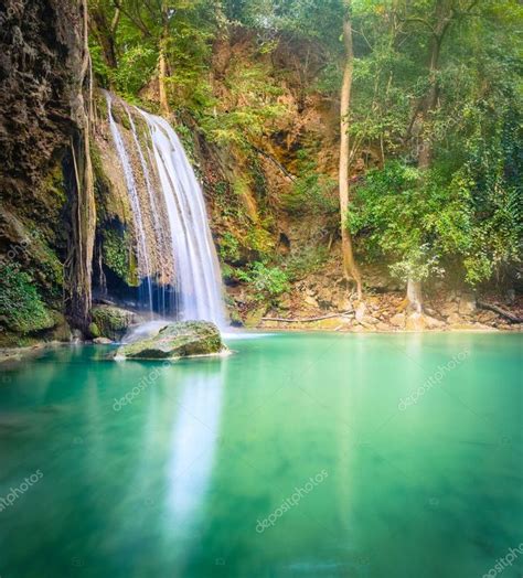 Beautiful Waterfall At Erawan National Park Thailand Stock Photo