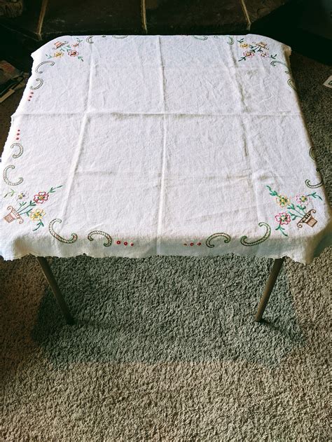 Vintage Off White Embroidered Bridgecard Table Tablecloth Etsy