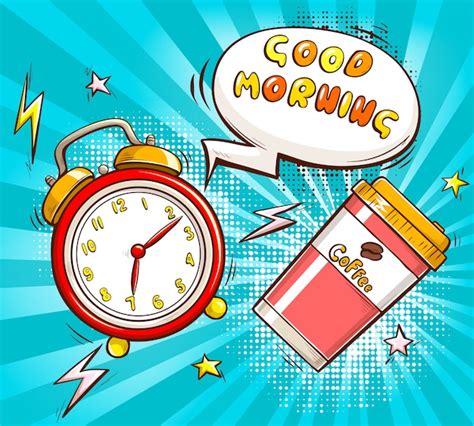 Free Vector Good Morning Cartoon With Alarm And Coffee Cup