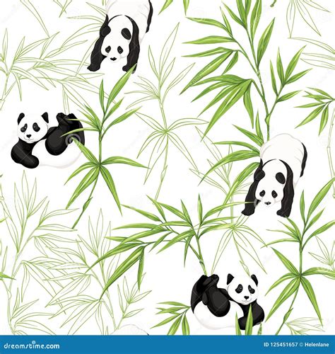 Seamless Pattern Background With Pandas And Bamboo Stock Vector
