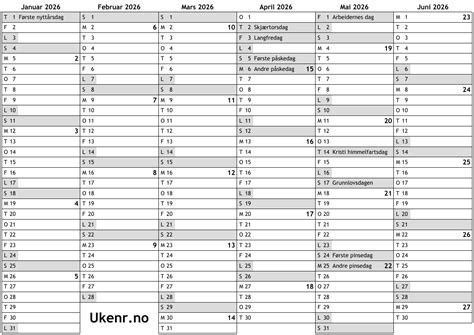 Kalender For 2026 Med Helligdager Og Ukenumre Online Ukekalender Download Pdf Print A4 Pdf