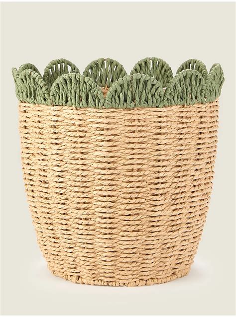 Natural Rattan Basket With Green Scallop Detail Home George At Asda