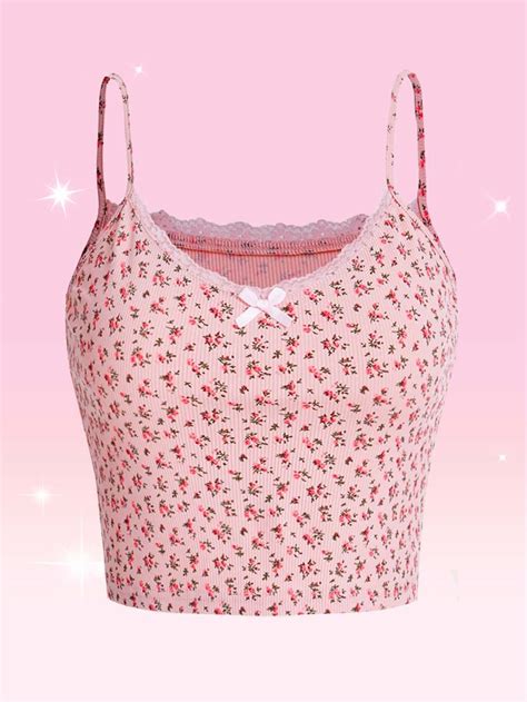 Pink Boho Collar Fabric Ditsy Floral Random Print Cami Embellished