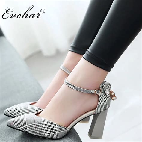 Evchar New High Heels Summer Sandals Women Pointed Toe Buckle Plaid Rear Strap Footwear Party