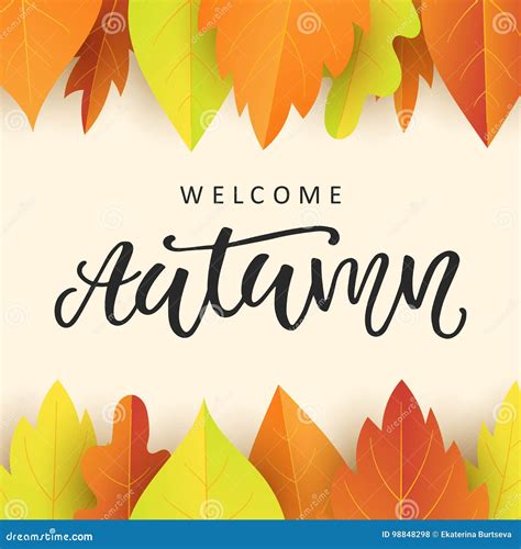Welcome Autumn Banner With Brush Calligraphy And Drawing Of Posy Of The