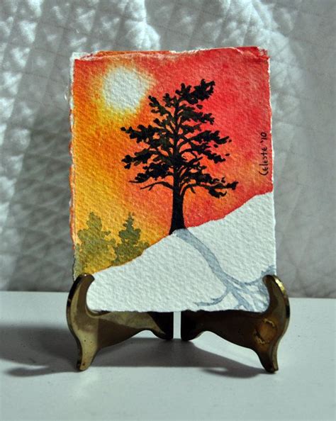 Original Miniature Watercolor Painting Winter Tree With Snow And