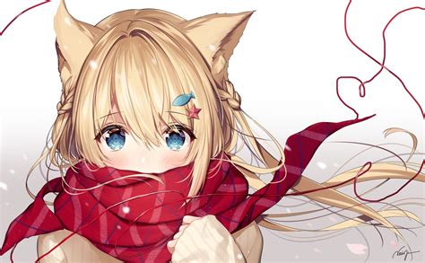 Download 2000x1238 Anime Cat Girl Blonde Red Scarf Animal Ears Loli
