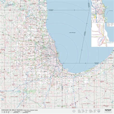Chicago Il 50 Mile Radius Wall Map By Mapshop The Map Shop