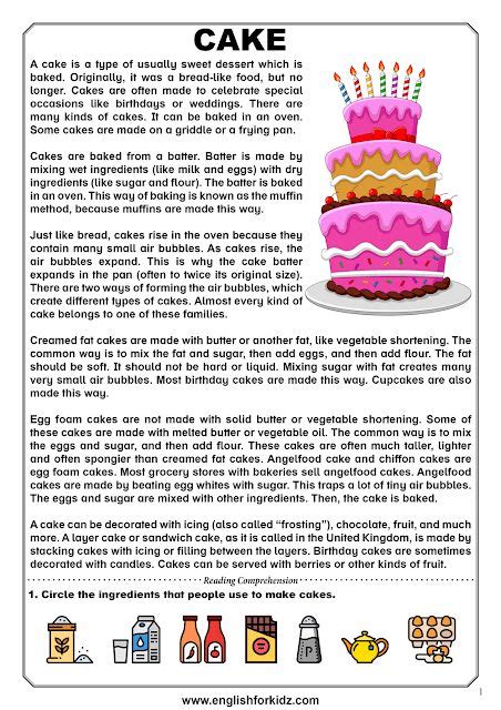Reading Comprehension Passage About Baking Cakes Reading