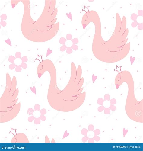 Hand Drawn Seamless Pattern With Swan Vector Illustration Stock Vector