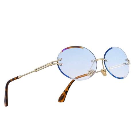Mens Vintage Oval Fashion Hip Hop Aviator Rimless Sky Blue Tint Sunglasses Ebay