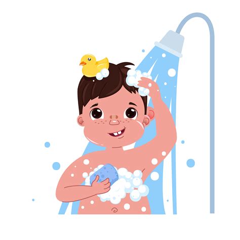 Little Child Boy Character Take A Shower Daily Routine Bathroom