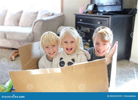 Niños Pequeños Felices Jugando En Caja De Cartón Imagen De Archivo