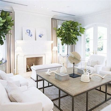 Living Room Beach House Living Room With White Walls Linen Draperies