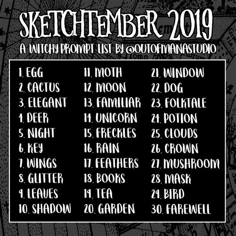 Sketchtember 2019 Prompts Drawing Challenge Drawing Ideas List Prompts