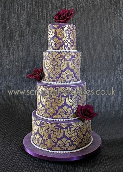 Purple And Gold Damask Wedding Cake