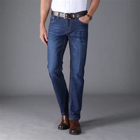 Mens High Waist Cotton Thick Classic Jeans Stretch Black Blue Casual Male Denim Pants Business