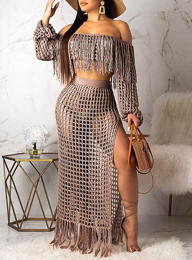 Womens 2 Piece Crop Top And Maxi Skirt Set With Fringe Lattice