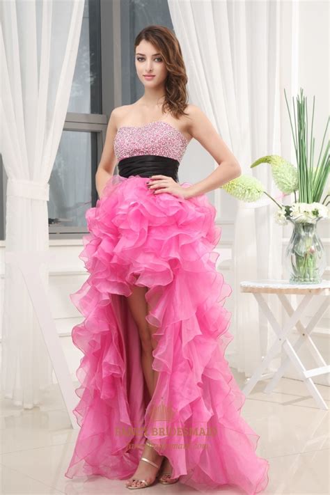 Strapless Organza Dress With Ruffled Skirt Hot Pink High Low Prom Dress Organza Ruffle Prom