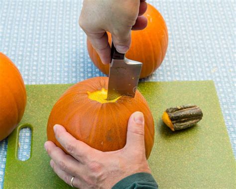 Cutting Open A Pumpkin In The Kitchen Stock Image Image Of Cooking