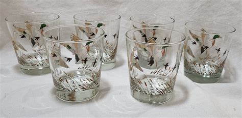 6 Vintage Libbey Glass Mallard Duck Hunting Lodge Bar Whiskey Low Ball Glasses 4617221486