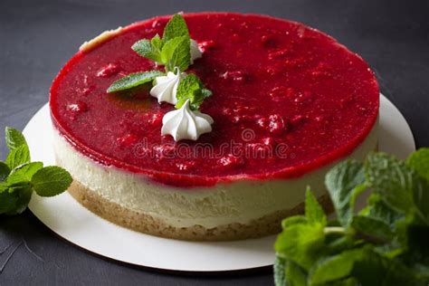 Delicious Strawberry Cheesecake Decorated Mint Leaves And Meringue