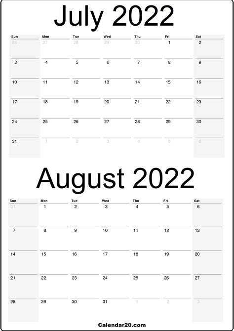 July 2022 August 2022 Calendar Printable Free
