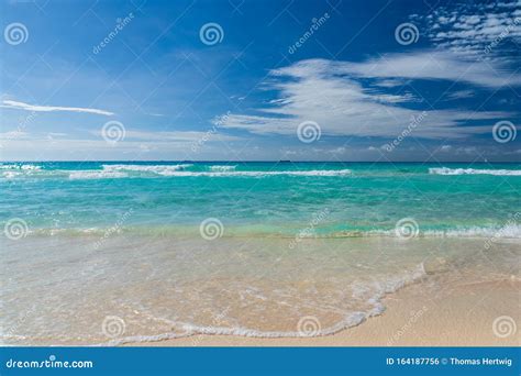 Beautiful Marine View On Caribbean Sea Coast Line With Clean Wavy Surf