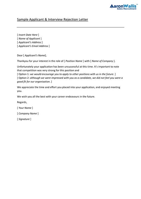 Applicant Rejection Letter Templates At