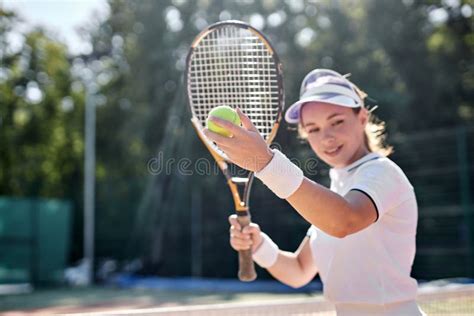 Pretty Female Playing Tennis Game Portrait Of Attractive Female