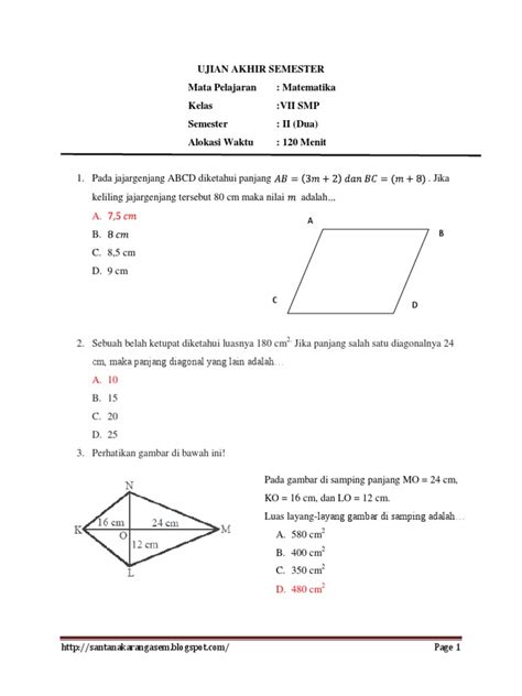 Soal matematika kelas 6 pdf. Soal UAS Matematika Kelas 7 SMP Kur. 2013