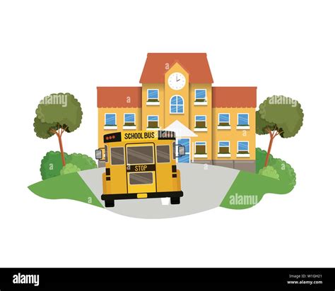 School Building Of Primary With Bus In Landscape Stock Vector Image