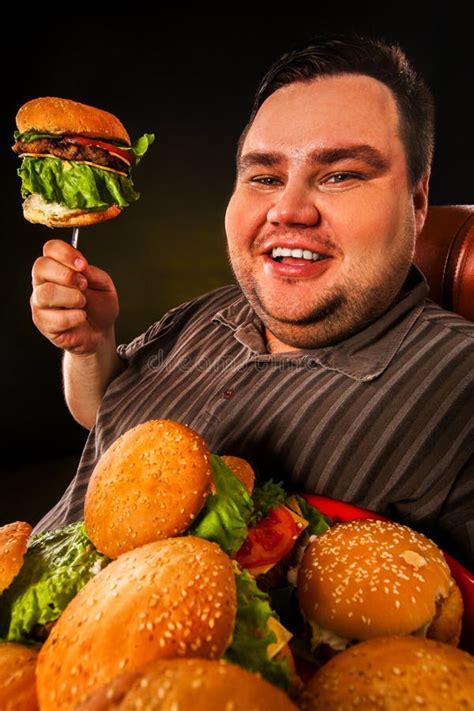 Fat Man Eating Fast Food Hamberger Breakfast For Overweight Person Stock Image Image Of Fast