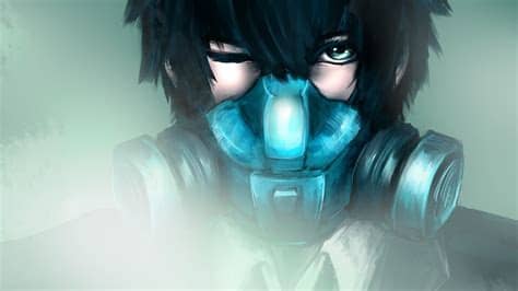 The beautiful world of anime girls. closeup suit tie gas masks green eyes short hair anime ...