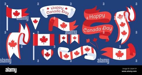 Ribbon And Flag Happy Canada Day Flat Set Strip Tape With Maple Leaf Patriotism Heart Label