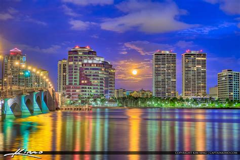 West Palm Beach Skyline Moon Setting Trump Tower Plaza Hdr