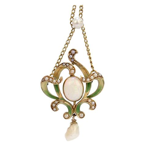 Art Nouveau 14 Karat Gold Enamel Opal And Pearl Lavalier Pendant
