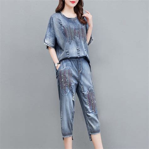 2019 Summer Women Loose Embroidery Denim Top Pants Suit Two Piece Set Striped Plus Size Female