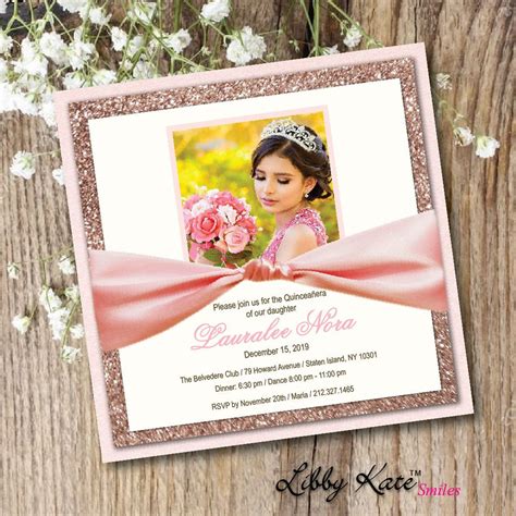 Photo Quinceanera Invitation Rose Gold Quinceanera Elegant Glitter Rose