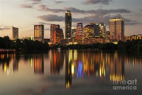 Austin Skyline Cityscape At Night With A Glass Like Reflection On