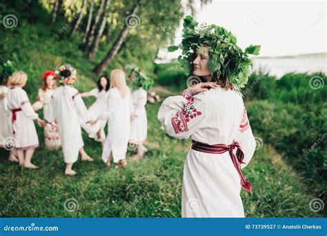 Young Pagan Slavic Girl Conduct Ceremony On Midsummer Stock Image