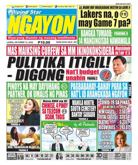 Pilipino Star Ngayon October 12 2020 Newspaper