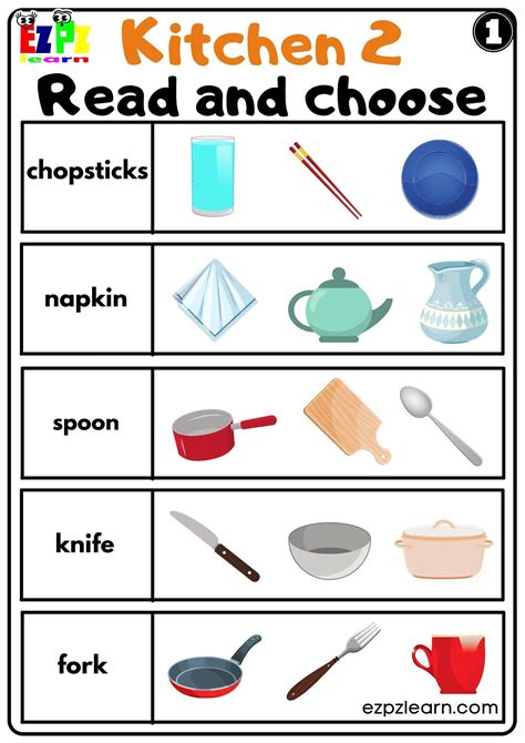 Kitchen Utensils Read And Choose Worksheet For Esl And Homeschool