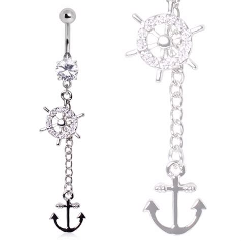 316L Surgical Steel Ship Wheel And Anchor Dangle Navel Ring 316l