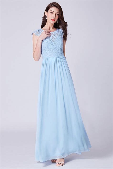 Sky Blue Long Chiffon Formal Bridesmaid Dress With Lace Bodice 64