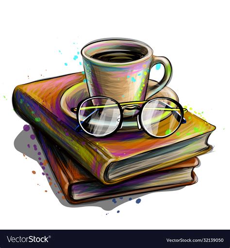 A Cup Coffee And Glasses On A Stack Books Vector Image
