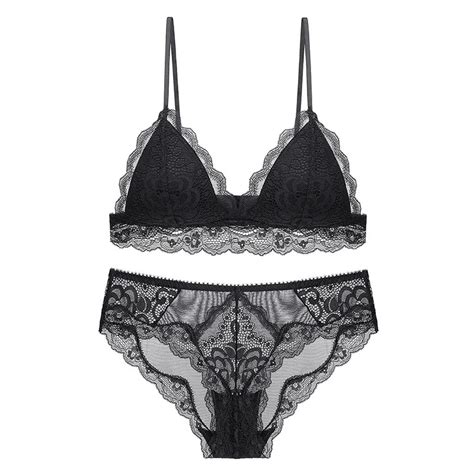 black sexy bra sets triangle thin mold cup floral women green underwear fashion no steel ring